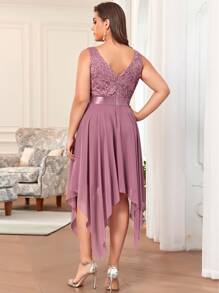EVERPRETTY Plus Contrast Lace Asymmetrical Hem Party Dress - Dusty Pink - View 2