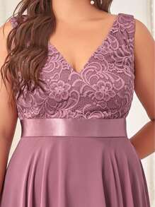 EVERPRETTY Plus Contrast Lace Asymmetrical Hem Party Dress - Dusty Pink - View 4