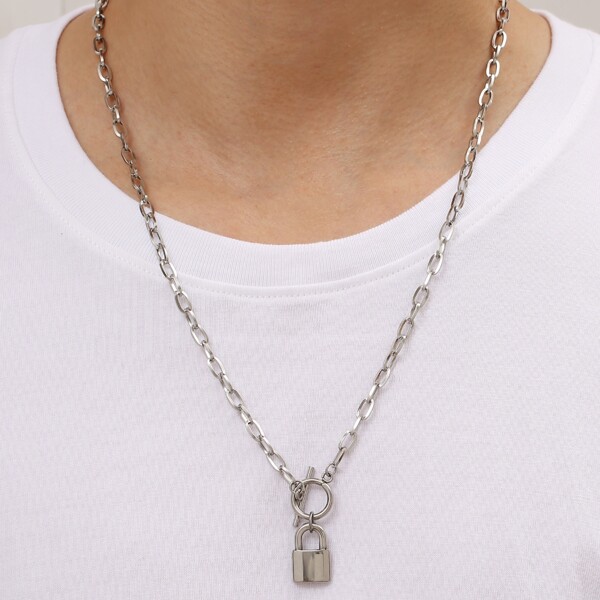 

Men Lock Charm Necklace, Silver