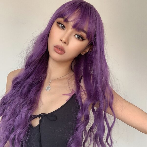 

Lace Front Long Curly Synthetic Wig With Bangs, Purple