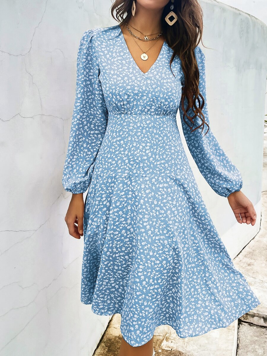 SHEIN Clasi Ditsy Floral Lantern Sleeve A-Line Dress - Blue - View 1