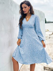 SHEIN Clasi Ditsy Floral Lantern Sleeve A-Line Dress - Blue - View 3