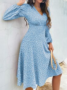 SHEIN Clasi Ditsy Floral Lantern Sleeve A-Line Dress - Blue - View 5