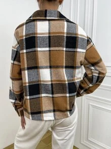 SHEIN Unity 格紋翻蓋口袋落肩袖花呢外套