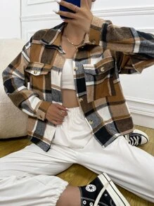 SHEIN Unity 格紋翻蓋口袋落肩袖花呢外套