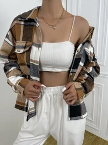 SHEIN Unity 格紋翻蓋口袋落肩袖花呢外套