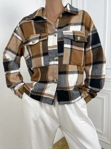 SHEIN Unity 格紋翻蓋口袋落肩袖花呢外套