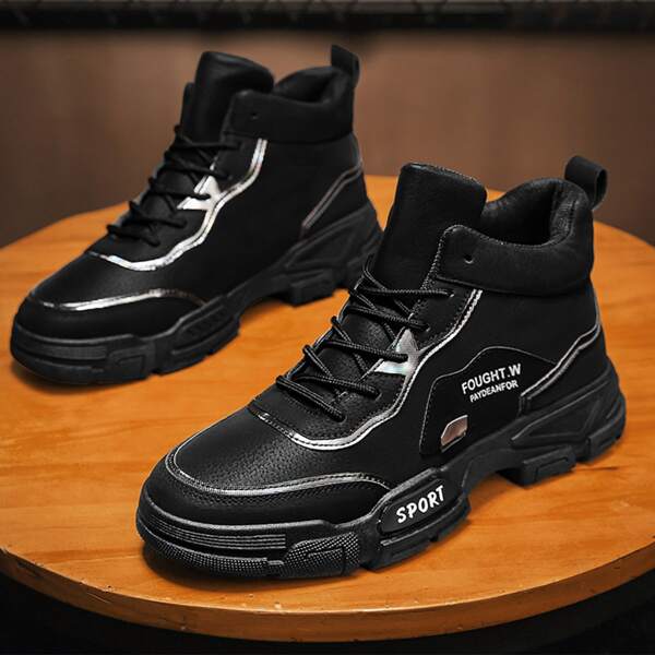

Men Letter Graphic Lace-up Front Boots, Black