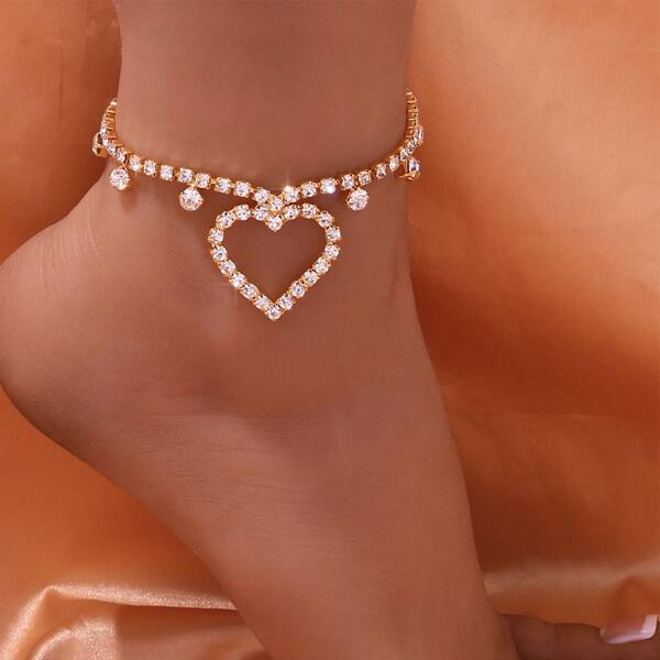 

Rhinestone Heart Decor Anklet, Gold