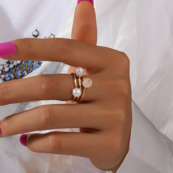 

3pcs Faux Pearl Decor Ring, Gold