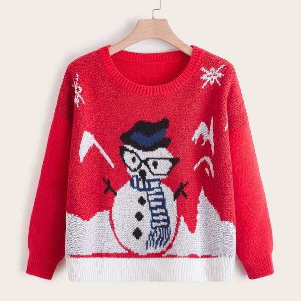 

Plus Snowman Pattern Sweater, Red and white