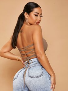 SHEIN SXY 露背繫帶短款抹胸上衣 - 摩卡棕 - 查看 3