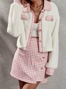 EMERY ROSE Houndstooth Panel Drop Shoulder Flannel Jacket & Skirt Fall Cloth For Women - Multicolor - View 5