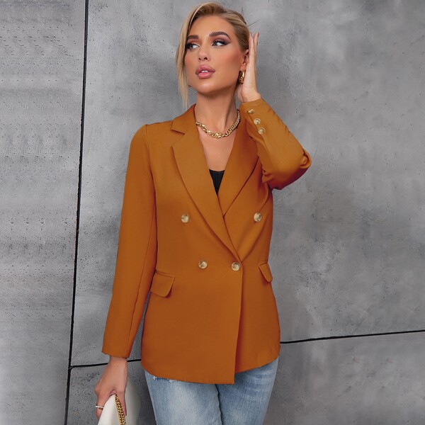 

Solid Lapel Collar Blazer, Brown
