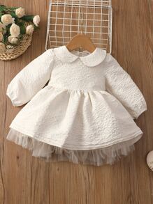 Baby Girl Peter-Pan Collar Mesh Hem Dress - White - View 1