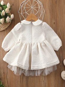 Baby Girl Peter-Pan Collar Mesh Hem Dress - White - View 2