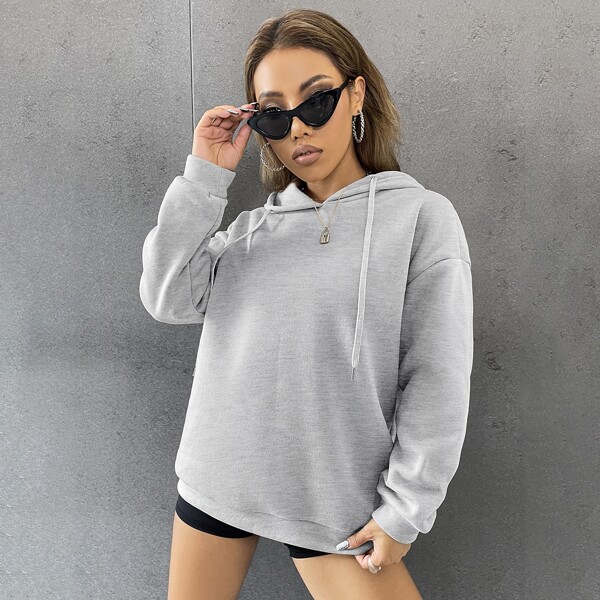 

Solid Drawstring Detail Hooded Sweatshirt, Grey