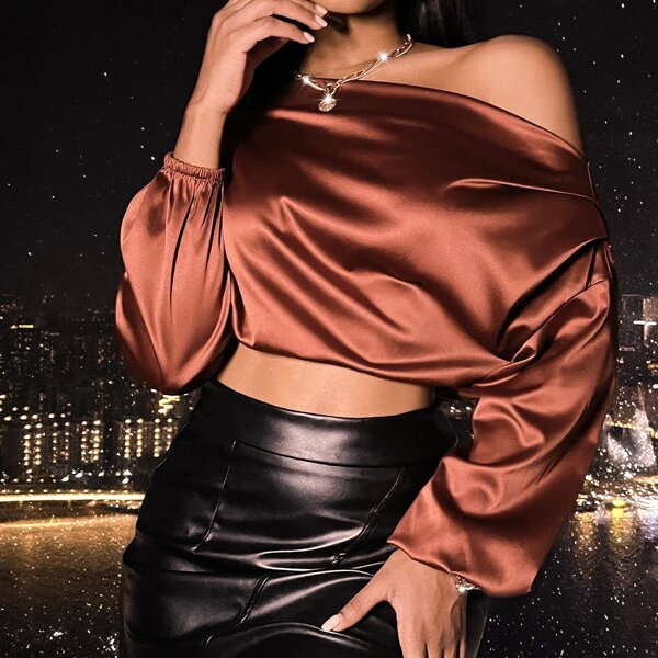 

Asymmetrical Neck Crop Satin Blouse, Rust brown