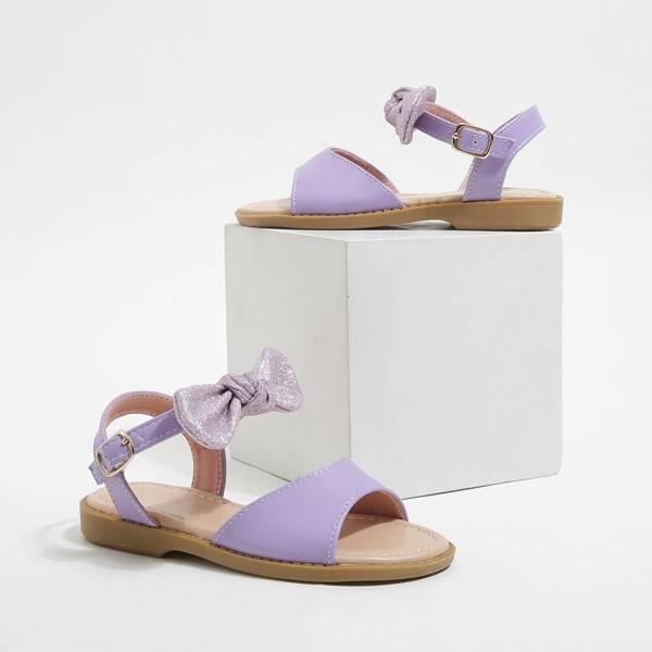 

Girls Bow Decor Ankle Strap Flat Sandals, Purple