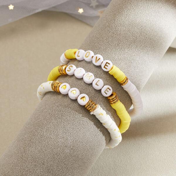 

3pcs Heart & Letter Detail Beaded Bracelet, Multicolor