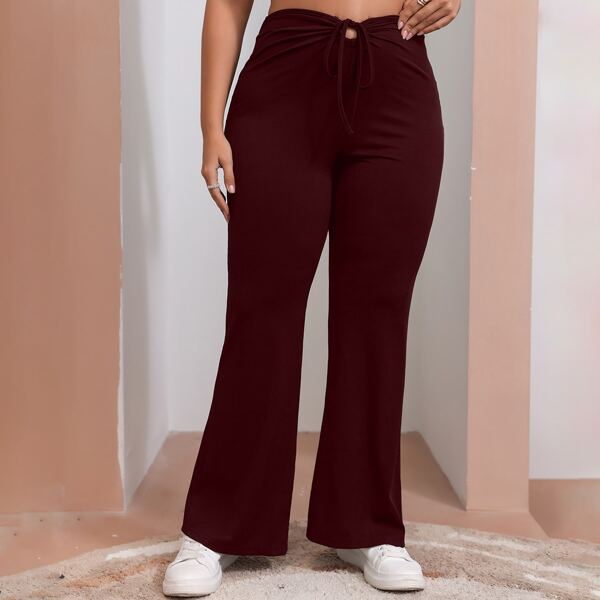 

Plus Solid Knot Waist Flare Leg Pants, Burgundy