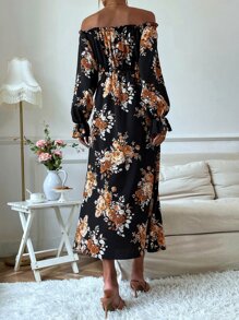 SHEIN Holidaya Floral Print Overlay Bardot Romper Fall Cloth For Women - Black - View 2