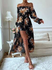 SHEIN Holidaya Floral Print Overlay Bardot Romper Fall Cloth For Women - Black - View 3