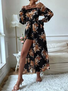SHEIN Holidaya Floral Print Overlay Bardot Romper Fall Cloth For Women - Black - View 4