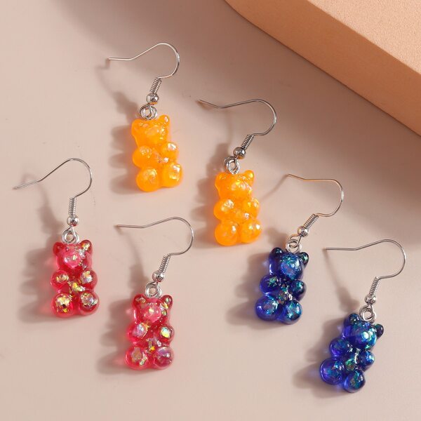 

3pairs Bear Decor Drop Earrings, Multicolor
