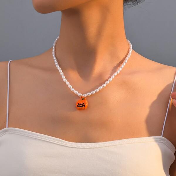

Halloween Pumpkin Charm Beaded Necklace, Orange