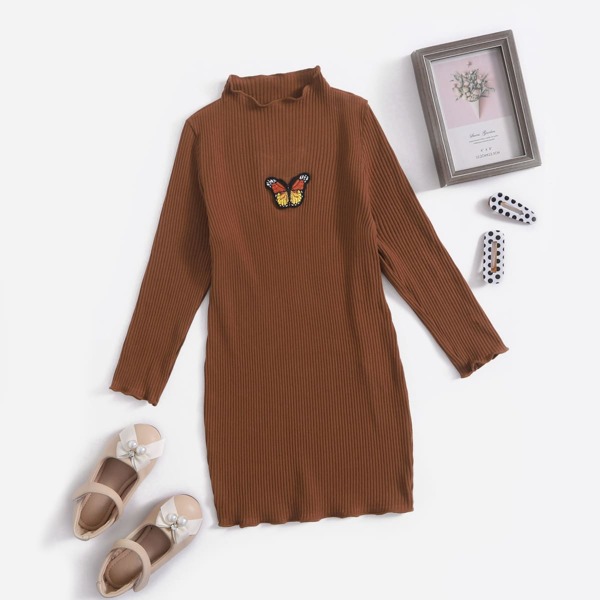 

Toddler Girls Embroidery Butterfly Patched Lettuce Trim Dress, Brown