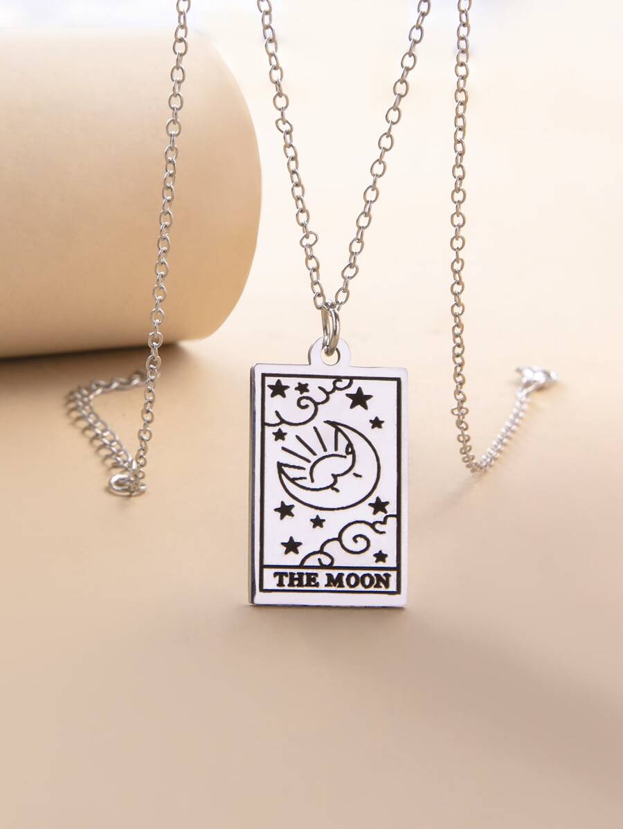 月亮印花項鍊 - 銀色 - 查看 1