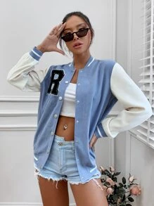 Cazadora de universidad de rayas con parche de letra