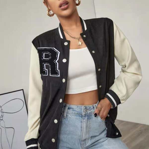 

Striped Letter Patched Bomber Jacket, Dark grey