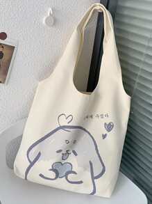 Bolso Grande De Hombro De Lona Con Capacidad Estilo Coreano, Bolso De Mano Casual De Compras Con Gráfico De Dibujos Animados - Beis - Ver 5