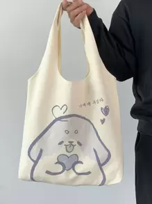 Bolso Grande De Hombro De Lona Con Capacidad Estilo Coreano, Bolso De Mano Casual De Compras Con Gráfico De Dibujos Animados - Beis - Ver 1