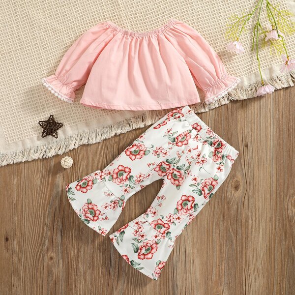 

Baby Flounce Sleeve Top & Floral Print Pants, Multicolor