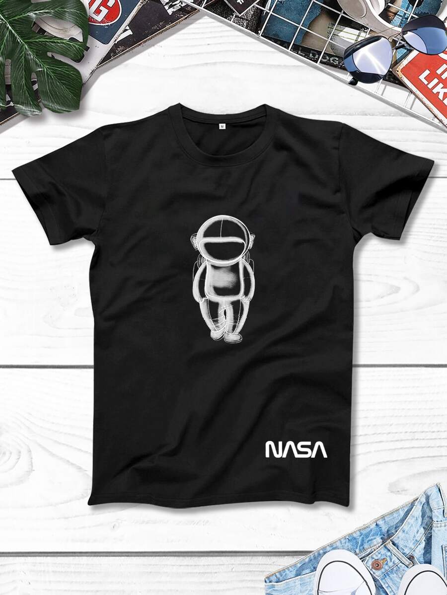 Manfinity 男士字母和宇航員印花T恤 - 黑色 - 查看 1