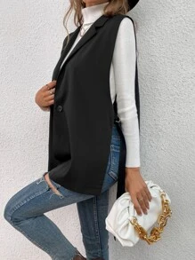SHEIN Privé Lapel Neck Buckle Side Vest Blazer - Black - View 4