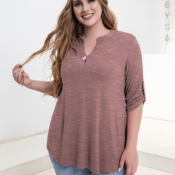 

Plus Roll Tab Sleeve Button Detail Tee, Dusty pink