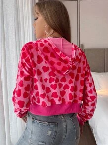 Heart Print Kangaroo Pocket Drawstring Hooded Velvet Jacket - Multicolor - View 3