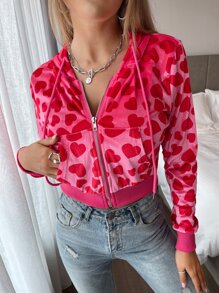 Heart Print Kangaroo Pocket Drawstring Hooded Velvet Jacket - Multicolor - View 4