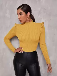 SHEIN Privé Camiseta ajustada ribete fruncido borde en forma de lechuga - Amarillo - Ver 1