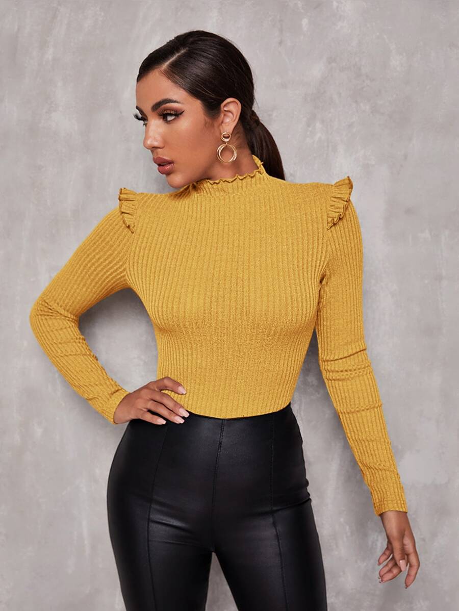 SHEIN Privé Camiseta ajustada ribete fruncido borde en forma de lechuga - Amarillo - Ver 1