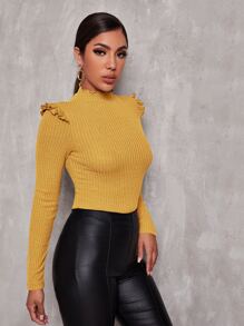 SHEIN Privé Camiseta ajustada ribete fruncido borde en forma de lechuga - Amarillo - Ver 3