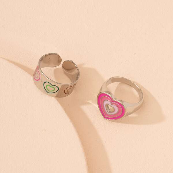 

2pcs Heart Decor Ring, Multicolor