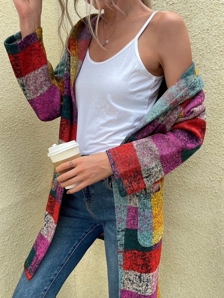 Mulvari Abrigo con capucha de bolsillo de bloque de color jaspeado, abrigo casual de mujer para primavera/otoño con bolsillos, mangas regulares, ajuste regular, multicolor, a cuadros, uso diario casual - Multicolor - Añade 6