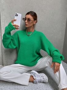 Jersey tejido de canalé de hombros caídos - Verde - Ver 1