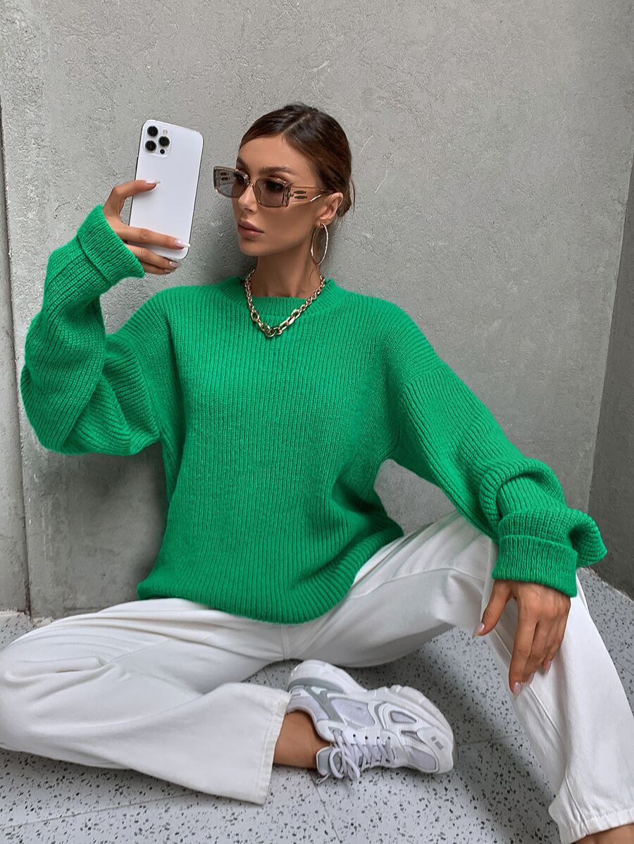 Jersey tejido de canalé de hombros caídos - Verde - Ver 1