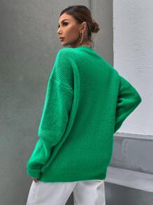 Jersey tejido de canalé de hombros caídos - Verde - Ver 2